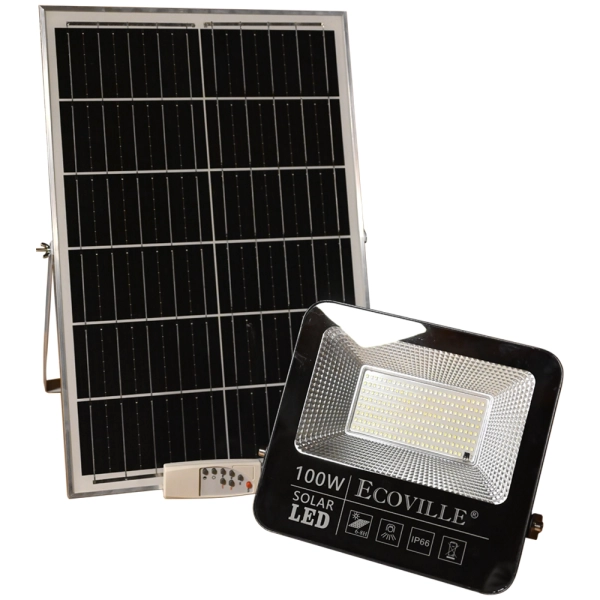 Reflector solar LED 100W 6500K con panel y control Ecoville